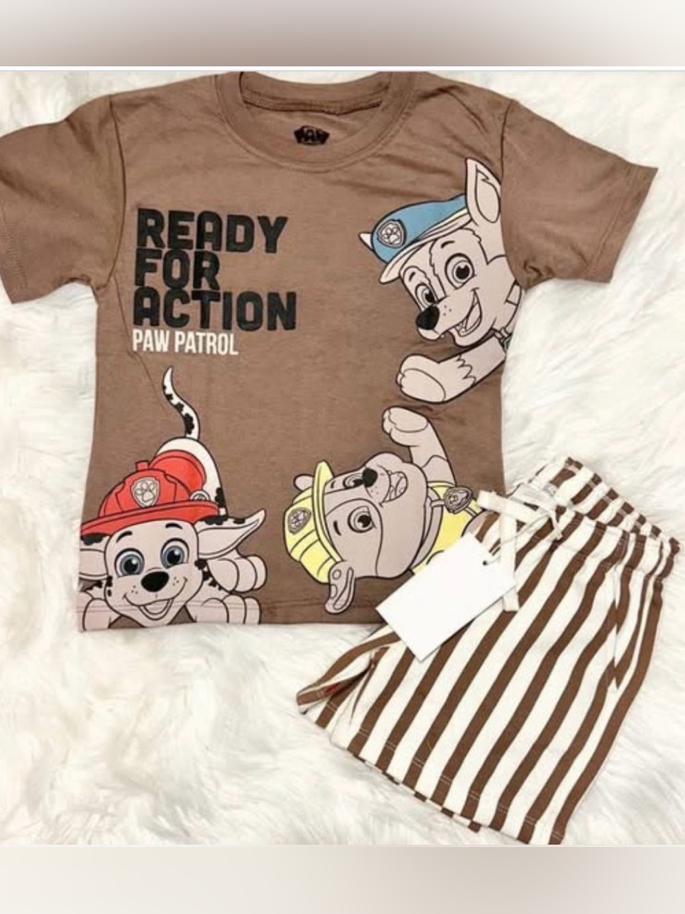 Paw Patrol and ZARA Brown Stripe shorts NWT -'Ready for Action' Kids Set